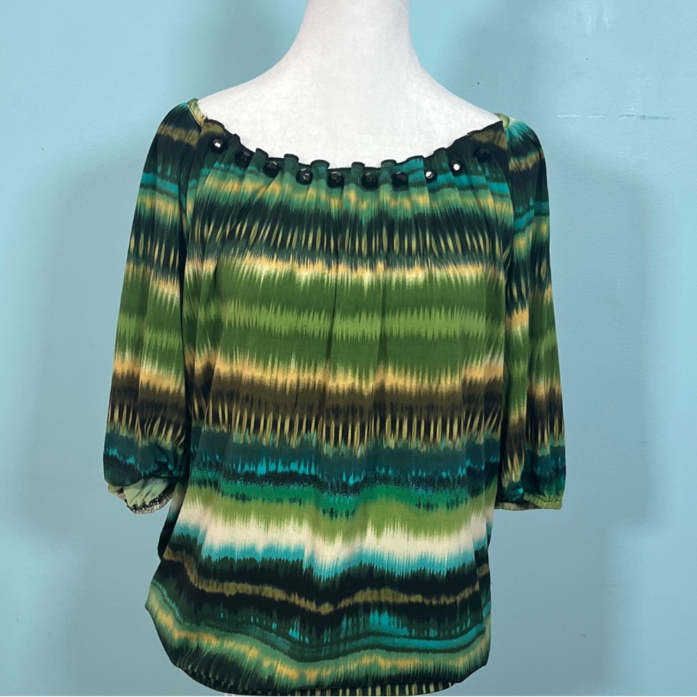 Dressbarn‎ Green Multicolor Striped Casual Blouse W/Jewels on the Collar Size XL